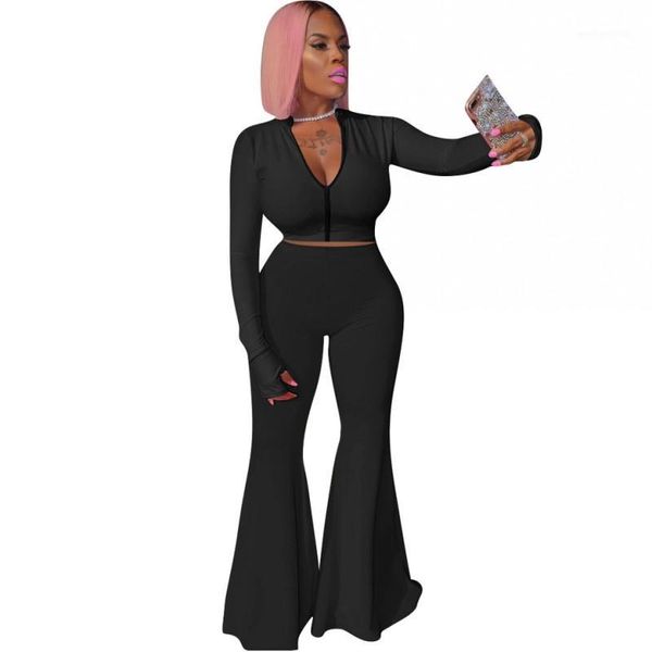 

women's tracksuits autumn winter two piece set women zipper stand collar crop high waist wide leg pants fashion casual solid piece1, Gray