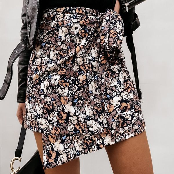 

women high waist leopard print mini wrap skirt autumn casual bandage floral fladas female elegant irregular bodycon short skirts, Black