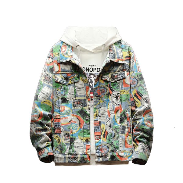 

2021 new men streetwear graffiti printed jeans jacket hipster holes hip hop motorcycle cotton black casual denim jackets mief, Black;brown