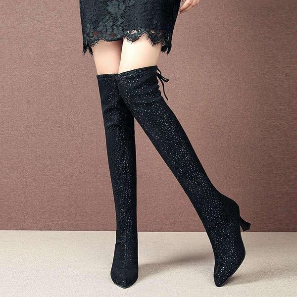 

новый дизайн моды остроконечные toe bling женщин закончено сапоги кристалл длинные носки женщин сапоги на высоком каблуке клуб женщина носок, Black