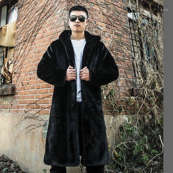 

men's fur & faux coat classic casual men's mink hooded mid length winter1, Black