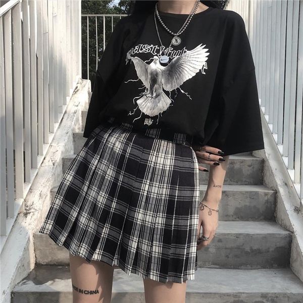 

summer harajuku skirts women retro plaid high waist loose pleated skirt new fashion gothic streetwear grunge style female skirts, Black