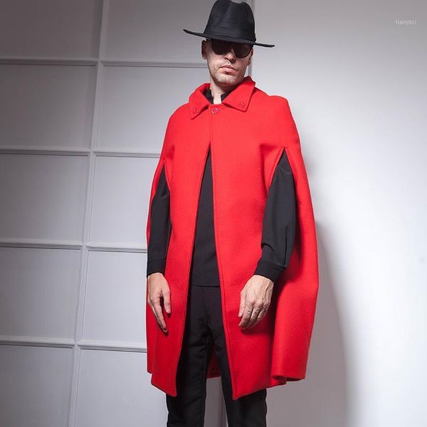 

men's woollen overcoat coat european autumn/winter wear men's woollen garment medium long loose lapel bright red cape cape tide1, Black
