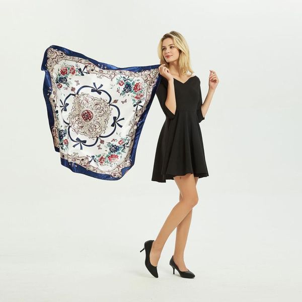 

2021 90x90 Fashion Flower Multipurpose women Silk twill scarf Satin square tie Hairband ladies foulard femme towel bufanda shawl, Blue;gray