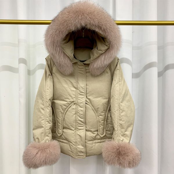 

natural fox neck winter coat, wild fur female, duck feather cap, pascal with short feather, warm coat for women
