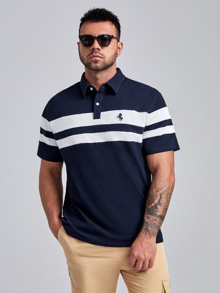 

extended sizes men horse & striped pattern polo shirt i2ox#, White;black