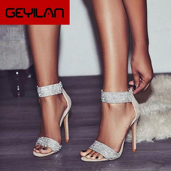 

summer 2020 crystal women bling sandals women pointed toe zipper female stiletto high heels party wedding shoes new, Black