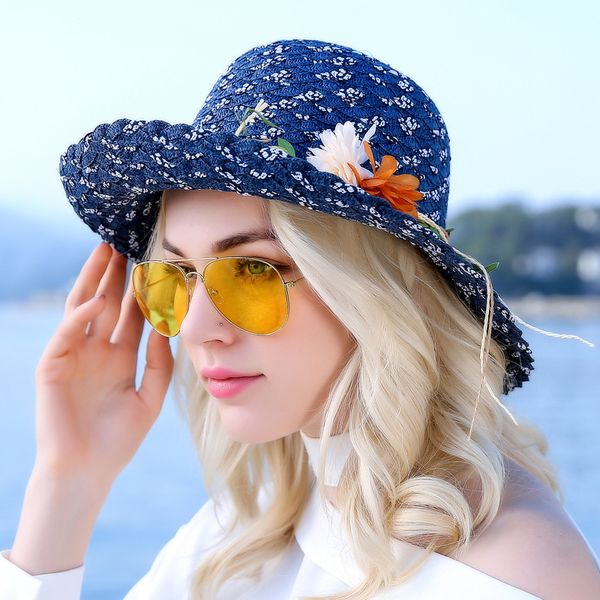 

wide brim hats lady flowers straw sun hat female summer beach cap all-match three-strand braided b-8535, Blue;gray