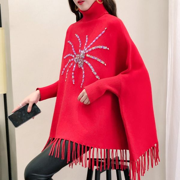 

women's cape autumn and winter tasselshirt thick winter high pullover pullovercloak pullover collar coat medium length sweater for preg, White;black