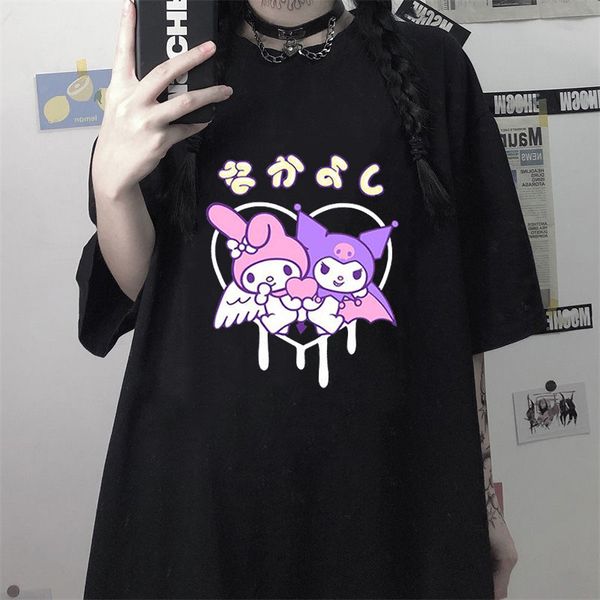 

harajuku cartoon funny shirt print cute streetwear kuromi sleeve t-shirt summer women o-neck sweet girls tee short xfxup, Black