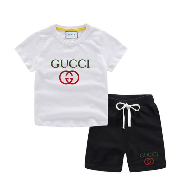 

2021 r summer boy clothing set designer short sleeve striped cotton short sleeve shorts children suit boys sports outfit set, White