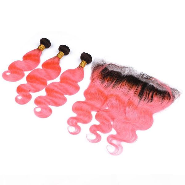 

dark root ombre pink peruvian human hair wefts with frontal body wave #1b pink ombre virgin hair 3bundles with 13x4 lace frontal closure, Black
