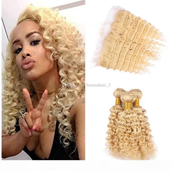 

blonde deep wave hair bundles with lace frontal #613 platinum blonde human brazilian virgin hair 3bundles with deep curly lace frontal, Black;brown