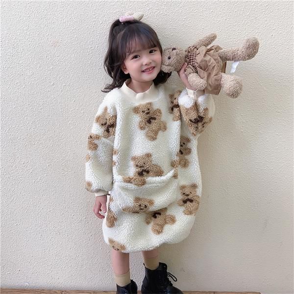 

wholesale 2021 spring new kids girls sweatshirt long sleeve loose thick coat cute bear dress for children e409, White