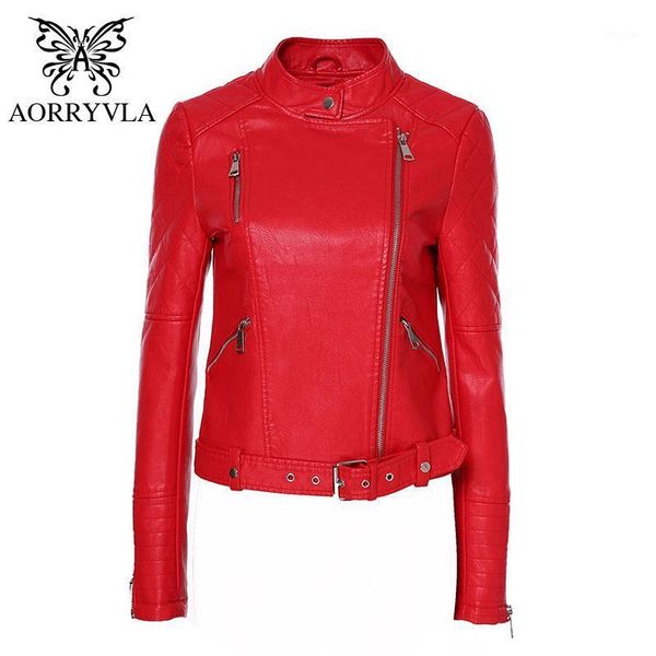 

aorryvla new red pu faux leather jacket women classic moto biker jacket mandarin collar spring autumn lady basic coat with belt1, Black