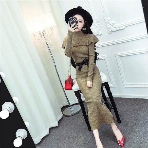

2020 new fashion women's two piece set autumn set ladies elegant sweater + belt elastic waist skirt two-piece suit1, Gray