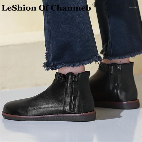 

women soft genuine leather boots woman retro style zipper round toe elderly comfort flat short booties female moccasins footwear1, Black