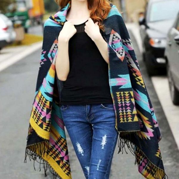 

ladies warm winter hooded wrap poncho wool scarves cape,mantle ponchos and capes aztec outwear casacos femininos tippet1, Blue;gray