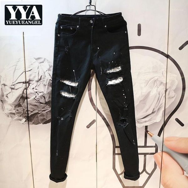 

design denim trousers men personality black slim hole ripped pencil pants spring autumn new casual biker zipper jeans 28-361, Blue