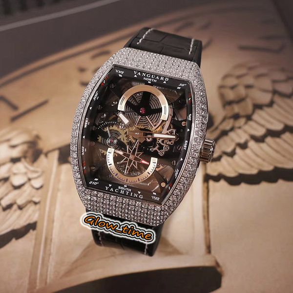 

high version new models v 45 s6 sqt ancre yachting skeleton dial automatic mechanical mens watch silver diamond case leather luxry watches, Slivery;brown