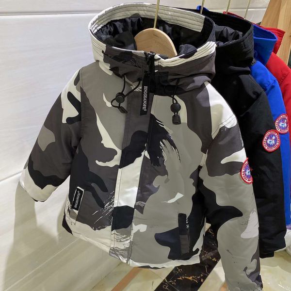 

new winter children's down jacket baby camouflage geese men's and girls' work clothes with hat thick coat short, Blue;gray