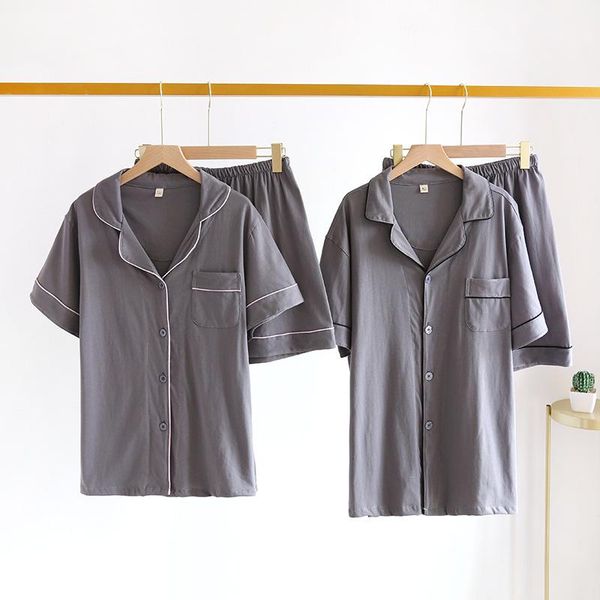 

spring summer couples short sleeve shorts pure cotton pajamas thin japanese-style solid color large size male women's knitted co, Black;red