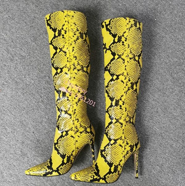 

new women high boots yellow snake stiletto high heel boots pointed toe winter thin heel shoes women, Black