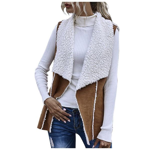 

2021 women wear sleeveless reversible suede vests with large lapels woman's winter casual style coat f veste femme, Black;white
