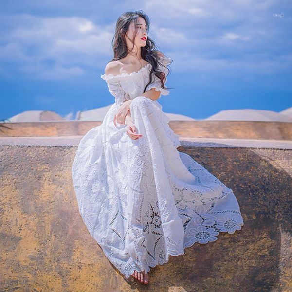 

2020 new women summer short sleeve designer elegant party beach dress white off the shoulder hollow out long dress1, Black;gray