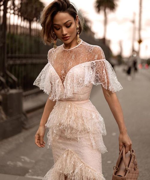 

party dresses women autumn short sleeve mesh lace ruffles maxi long dress 2021 designer bodycon elegant evening vestido1, White;black