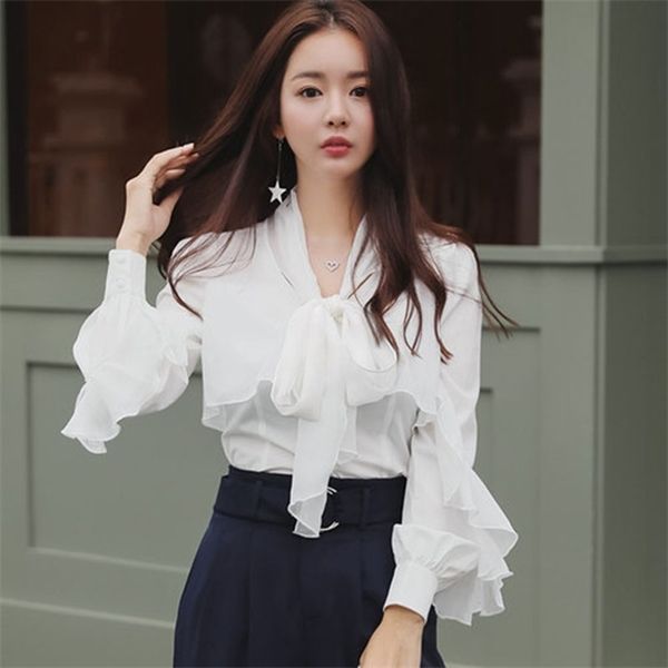 

zawfl new 2020 fashion style chiffon women's body blouse shirt bow collar lantern sleeve blusa feminina c1015, White
