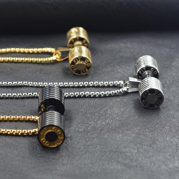 

chains dumbbell go fit pendant fitness bodybuilding gym gold black color crossfit barbell necklace jewelry 316l stainless steel, Silver