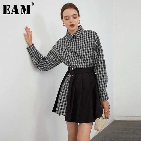 

eam] women black plaid split big size pleated dress new lapel long sleeve loose fit fashion tide spring autumn 2020 1y759, Black;gray