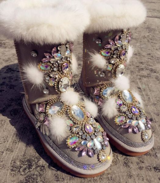 

warm home custom big fur crown jewel crystal handsome high tube leather european station snow boots star models, Black