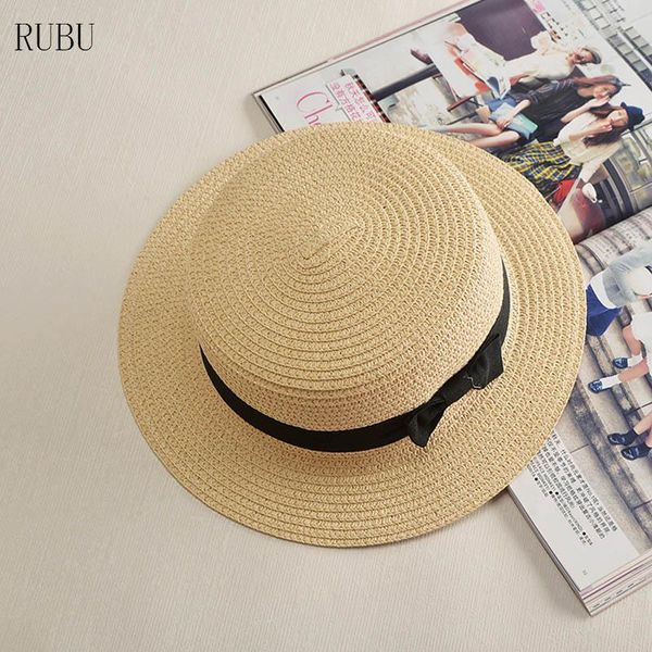 

wide brim hats women solid color straw sun hat sunscreen fashion tied rope flat boater chapeau femme, Blue;gray