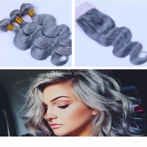 

brazilian #grey color body wave hair weft with lace closure 9a virgin human hair lace closure 4x4 with hair extension 4pcs lot, Black