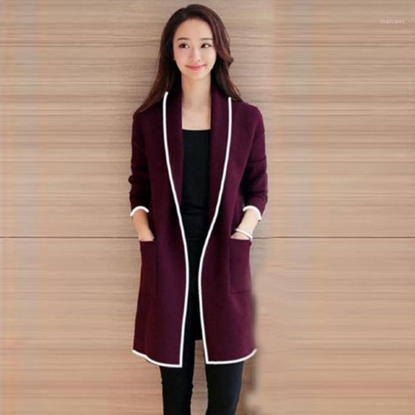

winter open stitch blends large business blazer slim long coat korean long sleeve cardigan pockets wool coat women autumn1, Black