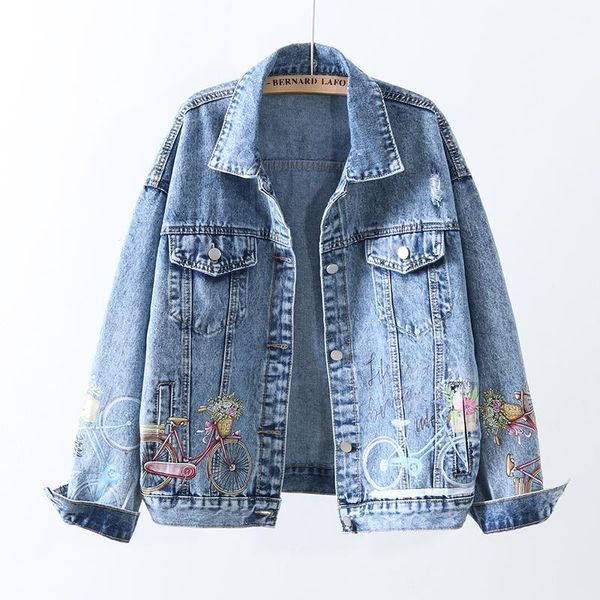 

korean fashion print denim jacket coat women loose outerwear spring new harajuku holes short jeans jacket female chaquetas mujer1, Black;brown