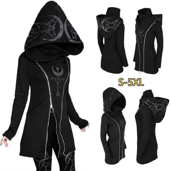 

2020 women's punk style print long sleeve hooded double zipper hoodies long black hoodie1