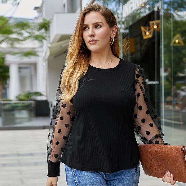 

women's blouses & shirts sheer mesh see-through blouse 2021 fashion elegant polka dot puff long sleeve shirt fall plus size, White