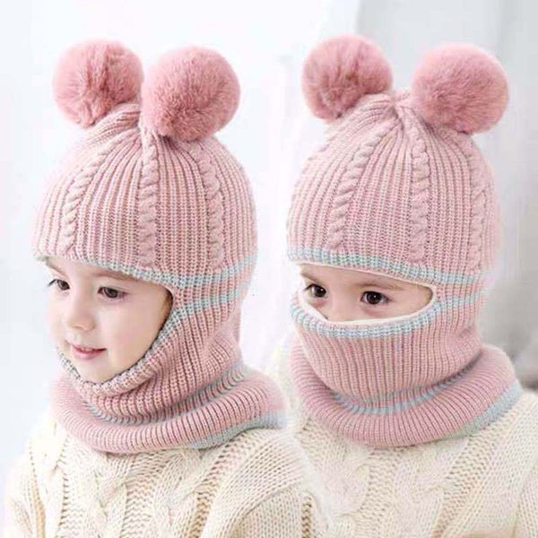 

autumn winter knitted wool hat 2020 plush warm ear collar children's and girls' hats, Red;brown