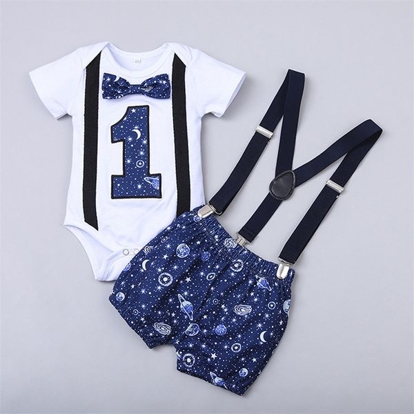 

baby boy 1 year birthday clothes set 1st birthday romper straps shorts baby boy 2 piece outfit baby boy summer clothes y200803, White