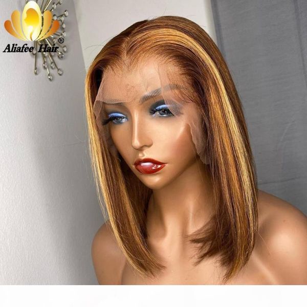 

aliafee short bob wigs lace front wigs 13x4 human hair peruvian 150% density remy ombre bob honey blonde wig for women, Black;brown