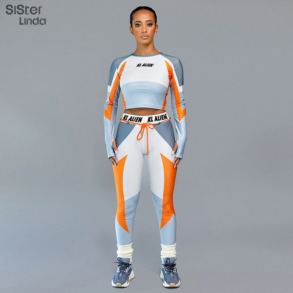 

sisterlinda письмо печати тощего фитнес tracksuit set женщина эластичность crop топы леггинсы два писес комплекты mujer новой футболка брюки, Gray