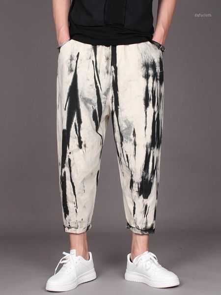 

2020 inkjet cotton and linen baggy small feet harlan pants summer leisure pants fashion men1, Black