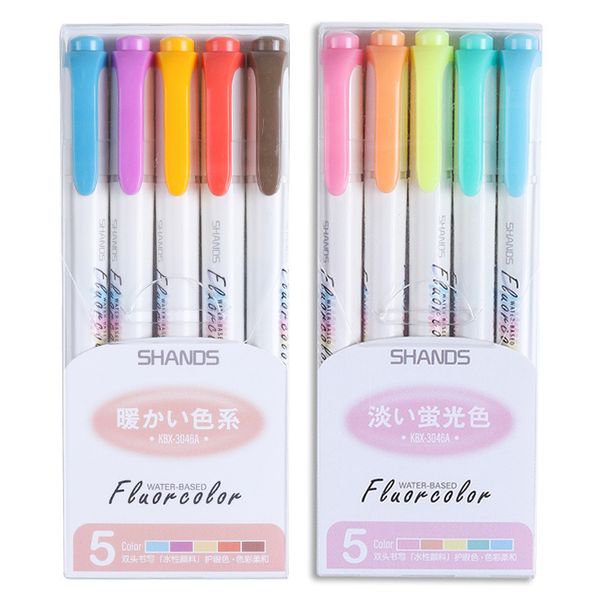 

5Pcs/Set Color Marker Highlighter pen Mild Colors Fluorescent pen Double Headed Mark bullet diary pens Kawaii Art Supplies