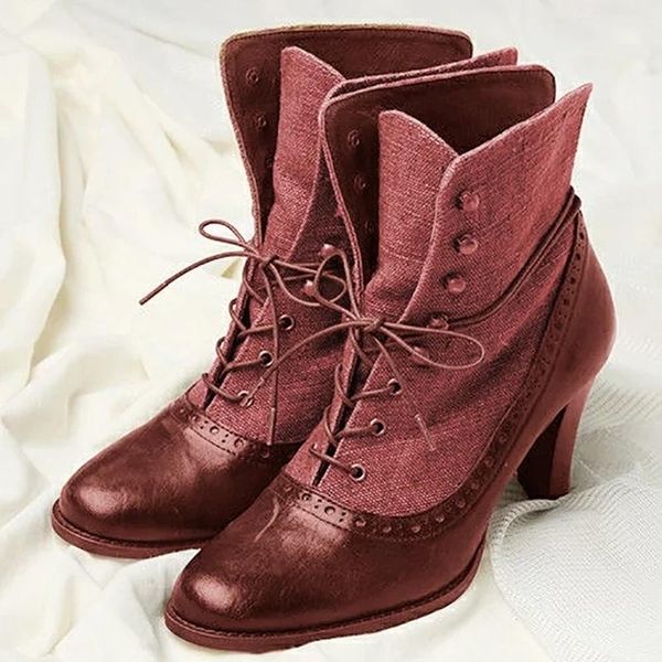 

sandals women boots pu leather lace up retro casual womans booties gladiator high heel shoes ladies fashion botas mujer invierno tw503, Black