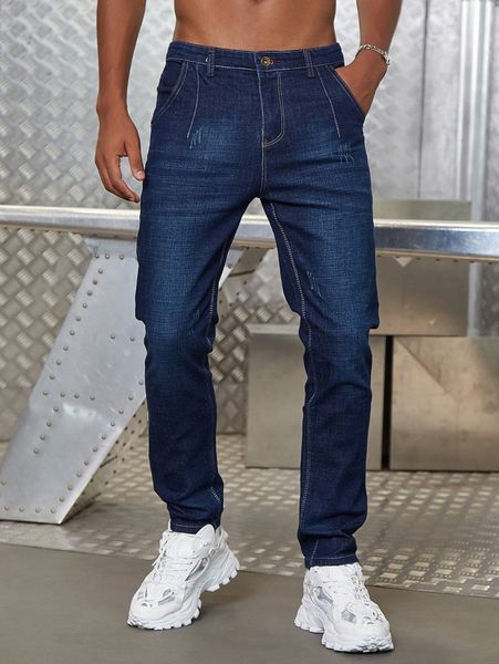 

men high waist whip stitch jeans e827#, Blue