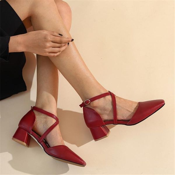 

sandals pxelena plus size 34-45 women cross strap chunky med heels square toe daily office lady shoes 2021 summer spring white, Black