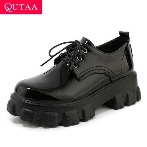 

qutaa 2021 platform round toe fashion lace up women pumps casual pu patent leather square heel women single shoes big size 34-43, Black